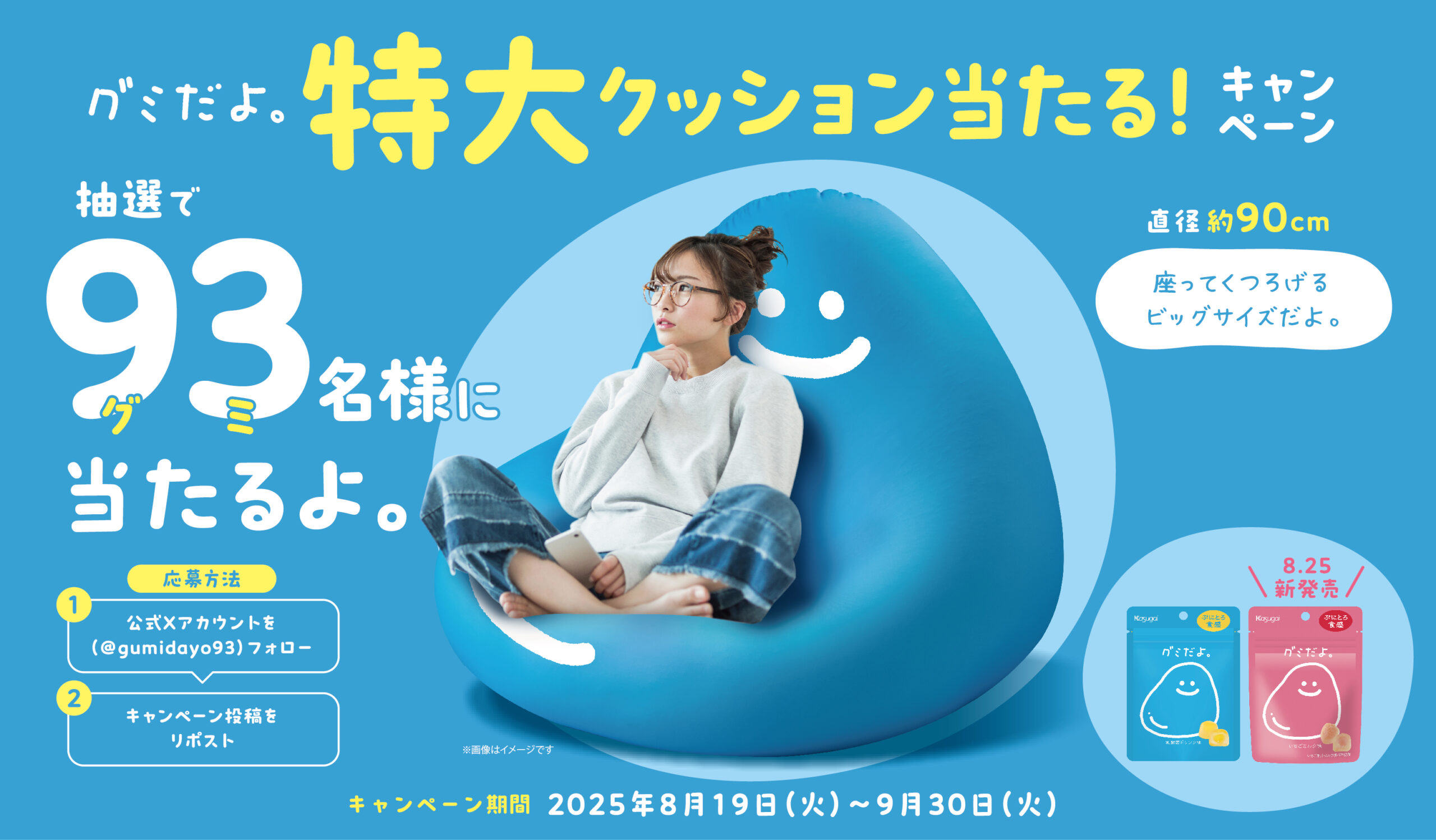 250サイズの送料込♪青ビーズクッション！グミだよ特大クッション 春日井製菓 - グミだよ。特大クッションを93（グミ）名様にプレゼント！